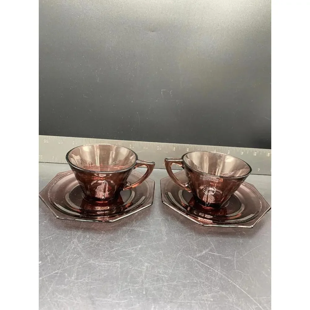 Amethyst Hazel-Atlas Moroccan Depression Glass Cup And Saucer Octagon - Picture 7 of 9